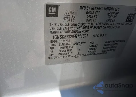 2015 Chevrolet Tahoe Lt z USA, uszkodzony, nr VIN 1GNSCBKC9FR111001